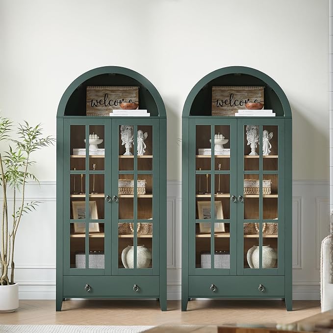 RowyPoey 71" Tall Arched Cabinet Bookshelf with Glass Door & Storage Drawer | Modern Farmhouse Display Cabinet,Adjustable Shelves,Wood Kitchen Pantry for Dining Room,Living Room,Office,Green,2 Pack