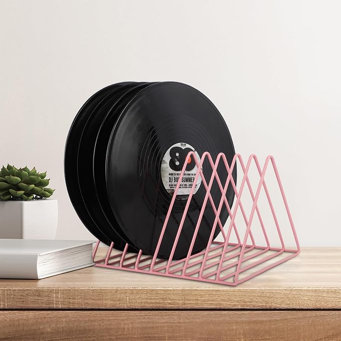 Vinyl Record Holder Storage, 9 Slot Metal Magazine Book Album Display Rack, Stylish Triangle Desktop File Sorter Organizer for Home Office, Pink