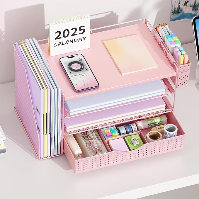 gianotter Wood Desk Organizers and Accessories with File Holder, 4-Tier Desk Accessories & Workspace Organizers with Drawer and Pen Holder, Desk Reference Organizer (Pink, 4T with Drawer)