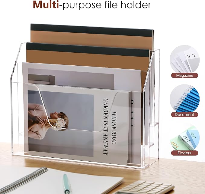 DINGHUO Acrylic Hanging Wall File Folder Organizer for Desk, Clear 3 Tier Document Paper Magazine Holder for Home, Office Organization, School - 1 Pack