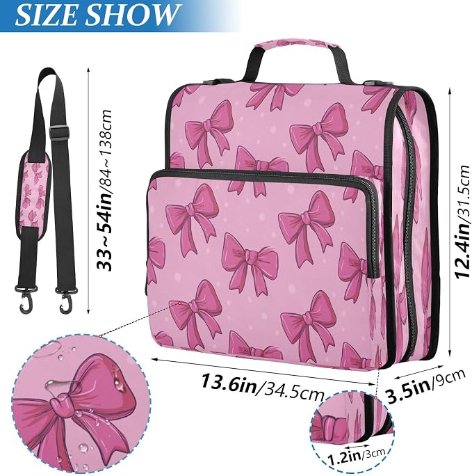 Cute Pink Bows Zipper Binder for School with Shoulder Strap & Extra Pockets - 1.5 Inch 3-Ring Binder Holds 500+ Sheets, Textbooks, Laptop