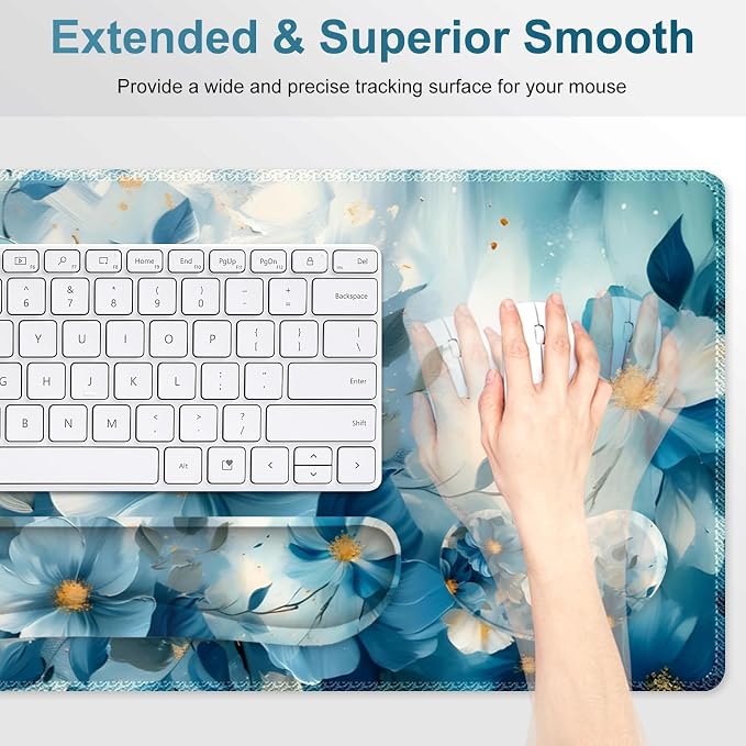 Desk Mat Pad, Gaming Mouse Pad Wrist Support Set, 4 in1 Non-Slip Large Mousepad + Ergonomic Design Keyboard Wrist Rest+Mouse Wrist Rest+Coaster for Home Office Computer I Blue Floral Watercolor