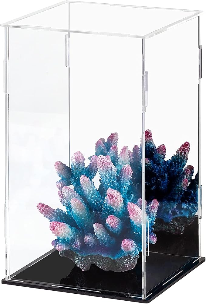 CECOLIC Acrylic Display Case Clear Display Box with Mirror Countertop Cube for Collectibles, Action Figures, Miniature Figurines Dustproof Protection Storage & Organizing (Black, 5.9x5.9x9.8in)