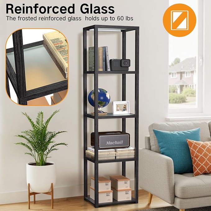 OUTON 67" Glass Display Shelf with Dimmable LED Floor Lamp, Collectibles Display Cabinet with Remote & App Control, 5 Tier Open Bookshelf Lamp for Living Room, Bedroom, Office, Home Decor, Black