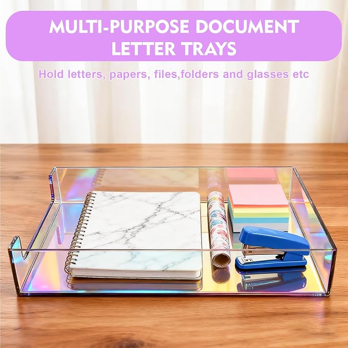 Paper Tray Acrylic File Organizer for Desk Letter Tray Desk Organizer Document Holder Sorter Storage for A4 Office Supplies Magazines, 13.8x10.6x2.4 Inches, Iridescent