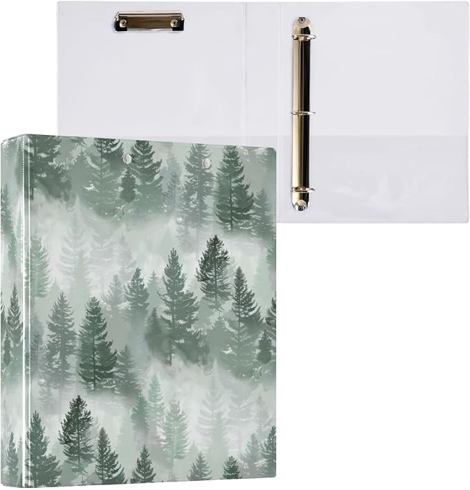 Mist Fir Tree Forest Green Trees 3 Ring Binder 1.5" Decorative D-Ring Binder with Clipboard&3 Clear Pockets, Holds 200 Sheets A4 Size Paper Waterproof Binders for School Home Office|2 Pack