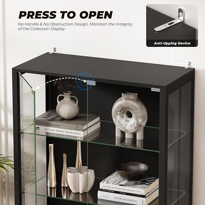 Glass Display Cabinet, 5-Tier Display Case with Adjustable Glass Shelves, Metal Curio Cabinet with 3 Color Lights for Collectibles, Bookcase with Human Body Sensor, Black