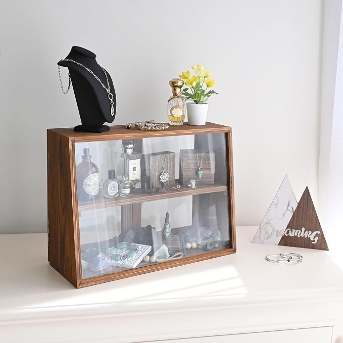 MOOCA Wood Glass Display Case with Double Doors, 2-Level Shelf, Brown | Brown wood-and-glass case with double doors and adjustable 2-level shelves displays collectibles, jewelry, or pastries.
