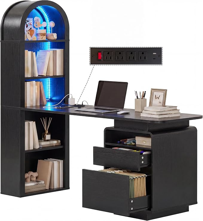 YITAHOME 59" Computer Desk with LED Lights & Power Outlets, Black | Home Office Desk with Bookshelf, File Drawer & Storage Shelves, Gaming Desk with USB Ports, Modern Study Writing Table