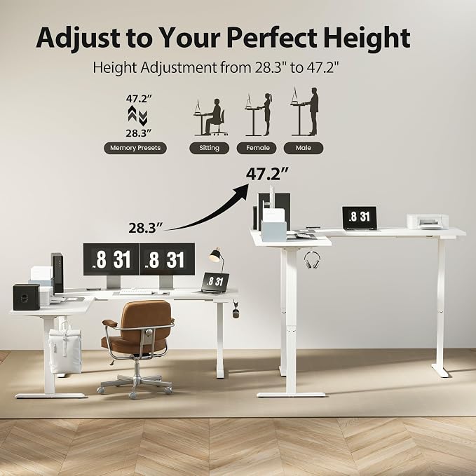 Agilestic 73 x 61 Inch L Shaped Electric Standing Desk, White | Tripple Motor, Corner Desk, Ample Workspace, Memory Presets, Hooks, Stable Steel Frame, 264 lbs, Splice Board
