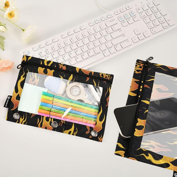 Yellow Orange Fire Flames Pencil Pouch for 3 Ring Binder, 2 Pack Waterproof Pencil Bags Clear Window Pencil Case Zipper School Office Supplies
