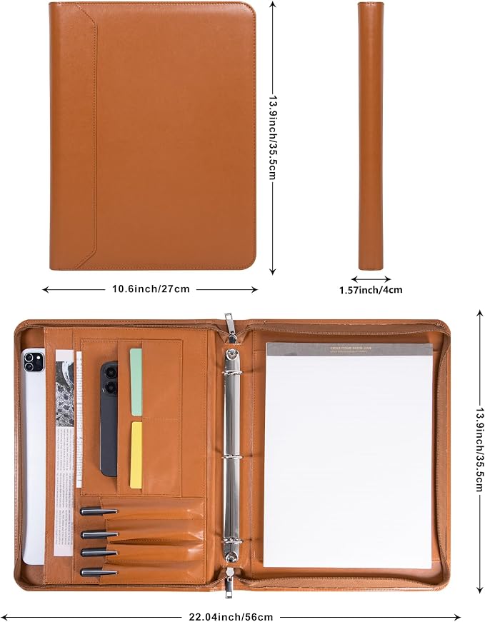 Brown Vegan Leather Binder Portfolio for Women and Men,3 Ring Padfolio Binder with Zipper, A4 Planner Folder with Laptop Pocket,Legal Size Portfolio,Work File Organizer for Women(Brown)