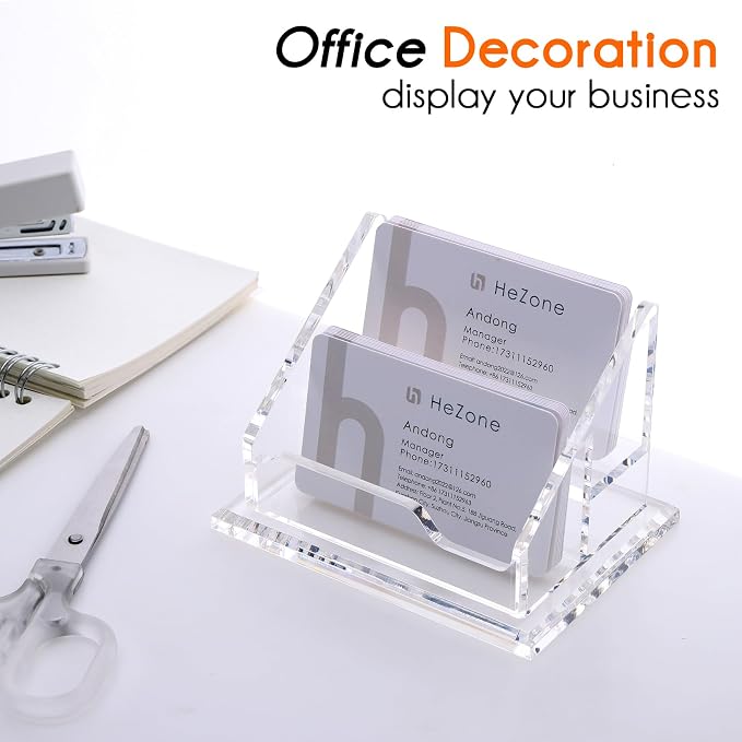 HeZone Acrylic Business Card Holder For Desk Clear Business Card Display Stand 2 Tier 2 Slots Business Cards Holders for Men And Woman, Organize 100 Cards-1 Pack (2 Solt-H)