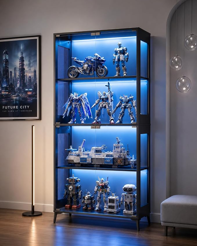 Display Cabinet with Glass Doors, 4-Tier Curio Cabinet with Adjustable Shelves, Glass Display Case for Collectibles, 60000 Color LED Lights with App & Remote Control, Metal Base Storage Cabinet, Black