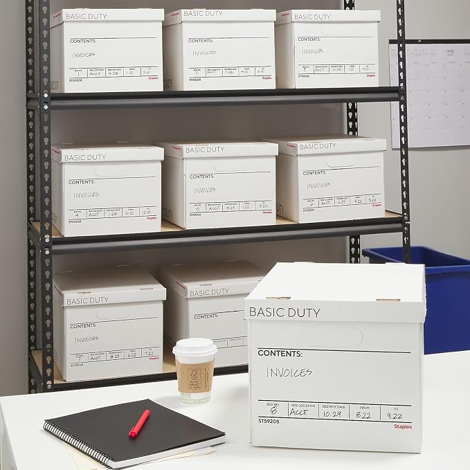 STAPLES Corrugated File Box, Lift-Off Lid, Letter/Legal, White/Black, 10/Pk | Stackable storage boxes for document organization in offices, archives, and storage rooms.