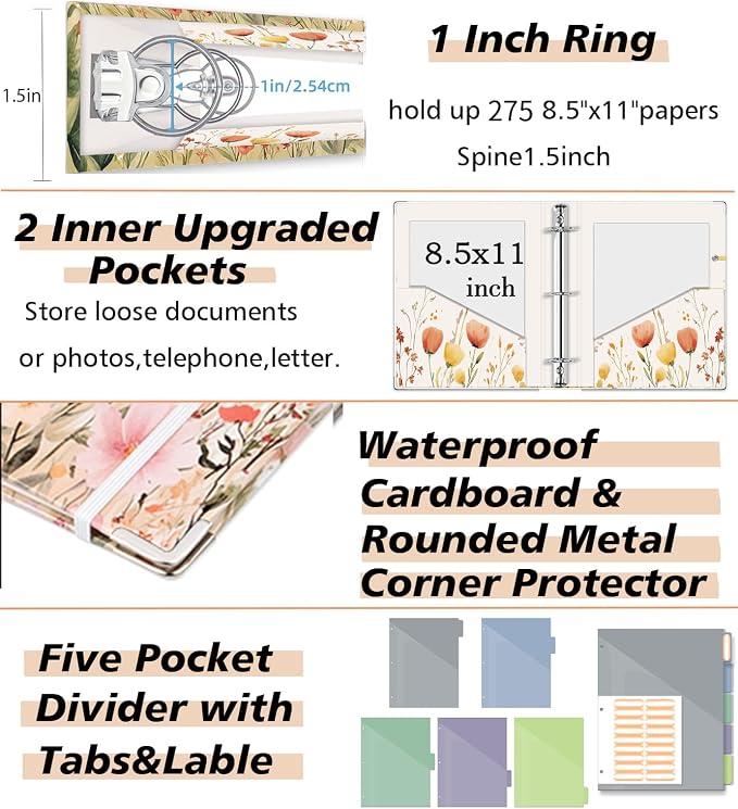3 Ring 1 Inch Binder Organizer, KLLVE Three Ring Binders with Clipboard, 5-Tabs Pockets Dividers, Plastic Folder, 18 Divider Stikers,Pen Loop (Weeds, Letter Size)