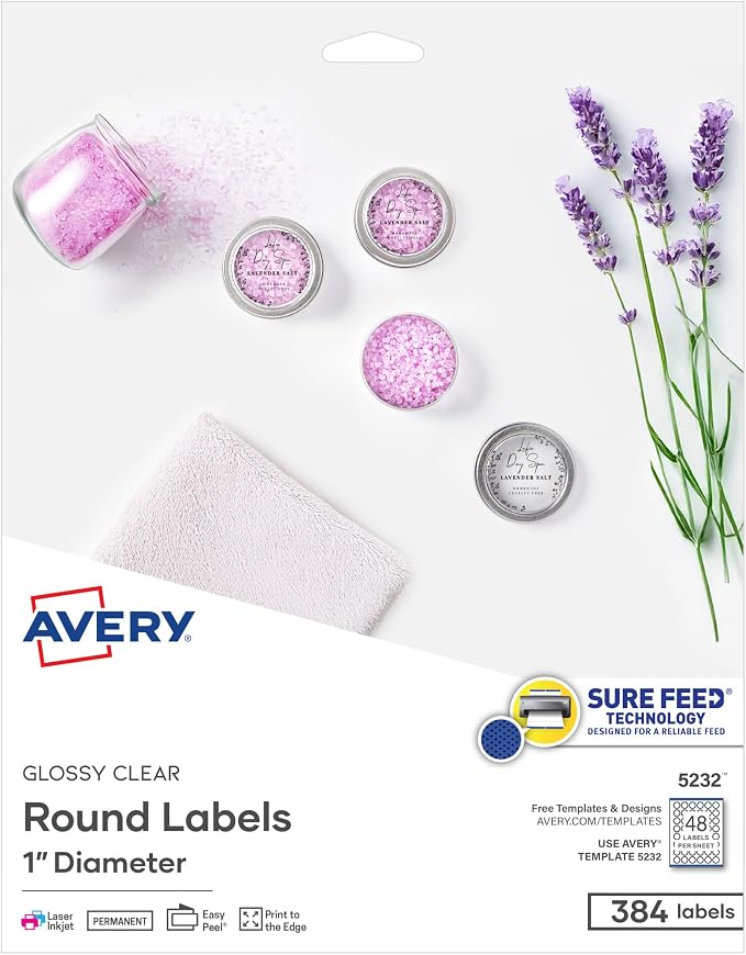 Avery Round Labels, 1" Diameter, Glossy Clear, Sure Feed Technology, Print-to-The-Edge Capability, Laser/Inkjet Compatible, 384 Printable Labels Total (5232)