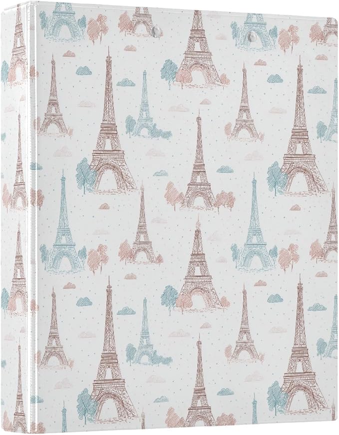 Eiffel Tower Paris 1.5 Inch 3 Round Ring Binders with Pocket Clip, Holds 200 Sheets Documents for Office Classroom Student Organization Hard d Ring Binders with Printed