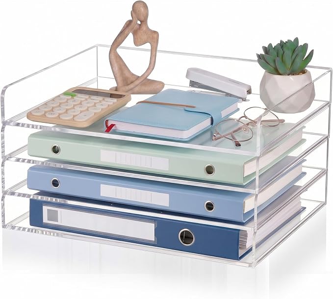 Harloon 4 Tier Acrylic Paper Tray Organizer, Heavy Duty Stackable Clear Organizer for A4/Letter Paper, Acrylic File Storage for Desk, Office Workspace, No Assembly Required, 13 x 10 x 1.7 Inches