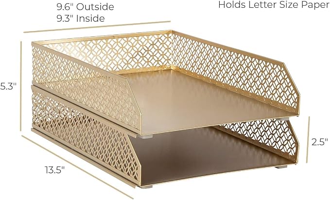BLU MONACO | Paper Tray Stackable Gold Set of 2 | Stackable File Trays for Desk Organization | Tiered Desk Organizer with Metal Letter Trays