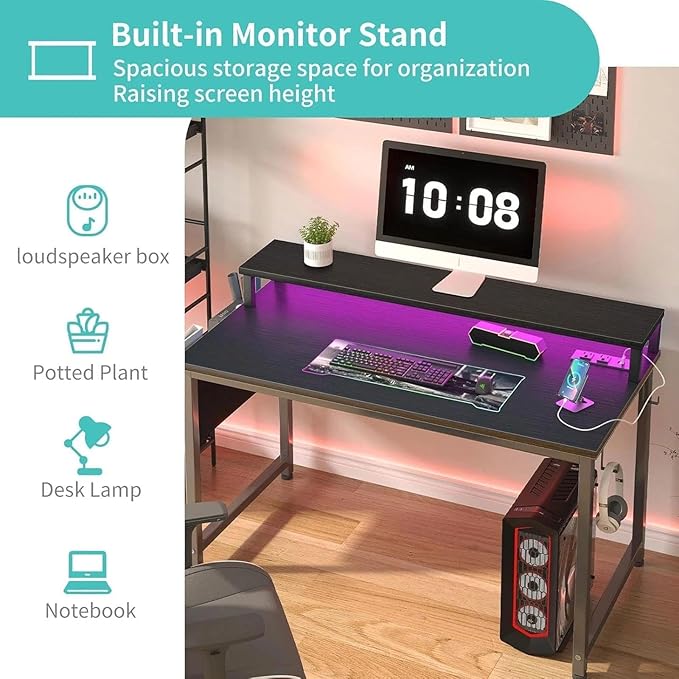 Lufeiya Small Desk with Power Outlets and LED Lights, 32 Inch Teen Writing Study Table Home Office Computer Desks with Monitor Stand, Gaming Desk with Charging Station, Black