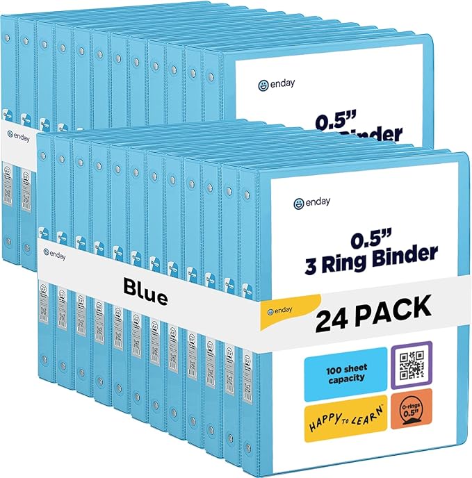 Enday 1/2 inch Binder 3 Ring Binder (24 Pack - Blue) O-Ring Binder with Clear View Cover and 2 Inside Pocket - for Letter Size 8.5 x 11'' Paper, Ideal for School Supplies, Office, and Home