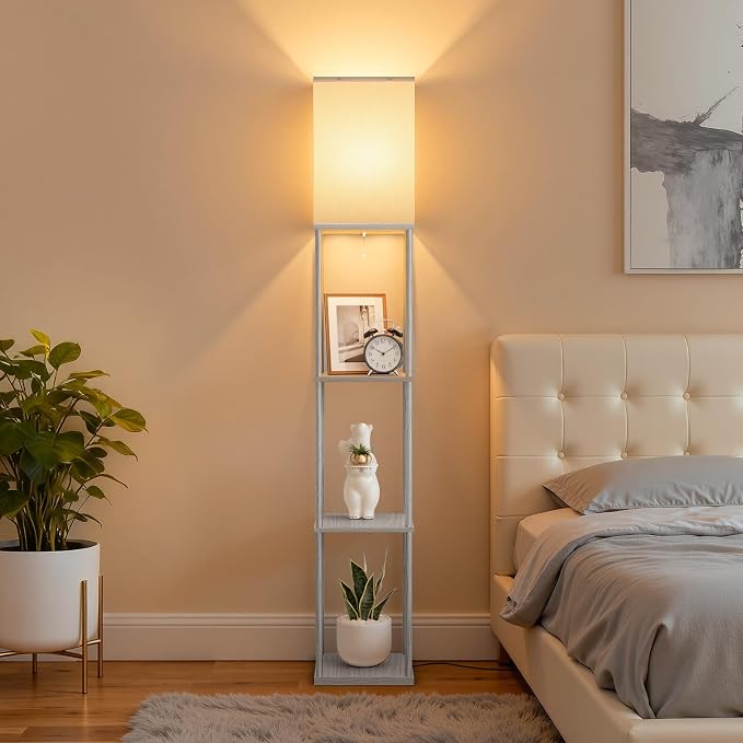 Floor Lamp with Shelves, 3-Tier Square Bookshelf Standing Lamp Dark Grey | 3 Color Temperature Bulb Included, Pull Chain Tall Lamp for Living Room Bedroom Corner Office Apartment Decor