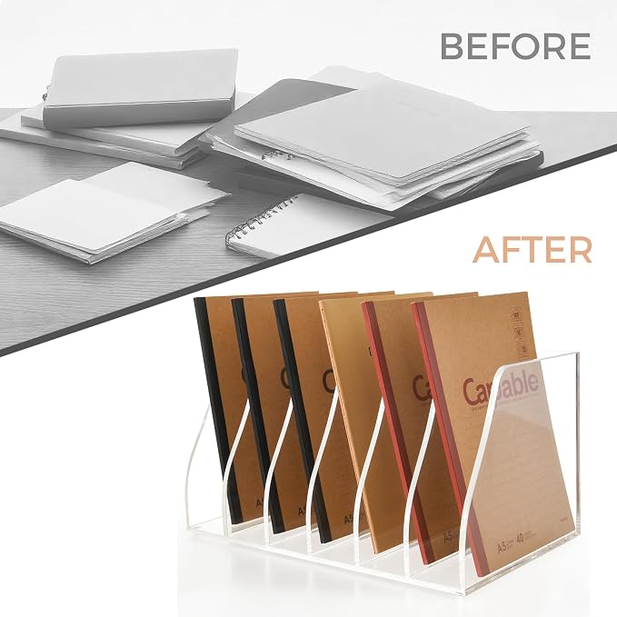 Acrylic Magazine File Holder, 6 Vertical Compartments Desk Document Sorter Organizer, Clear Folder Rack Binder for Office/Home/Classroom, for Documents, Tablet, Magazines, Books & Accessories