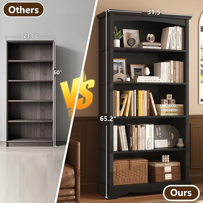 TVU 5-Tier Wooden Bookshelf, 31.5" W x 65" H ×9.9" D Bookshelf with Storage, Floor Standing Modern Style Display Bookcase for Living Room, Office, Study Room, Entryway, Black