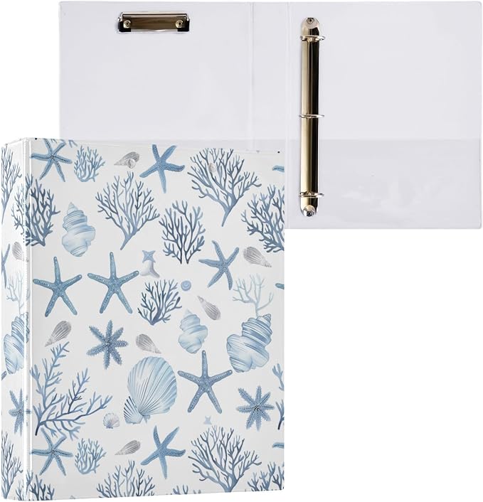 Nutical Theme Blue Starfish Coral Binder 1.5 Inch Binder with Clipboard&Pockets, Hardcover Binders 3 Ring, Heavy Duty Large File Folder for Office School Supplies - Holds 200 Sheets
