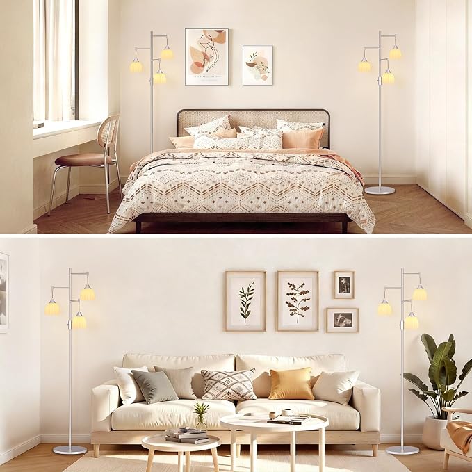 Shenmoyl Stepless Dimming Floor Lamps for Living Room, Bedroom, Nickel Standing Lamp with 3pcs 6W Bulbs, Vintage Floor Lamp for Corner, Nursery (White Tulip)