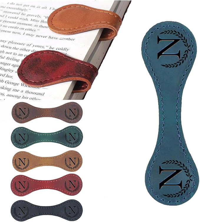 Personalized Magnetic Leather Bookmark, 26 Letters Custom Leather Bookmarks, Handmade, Leather Magnetic Bookmark for Book Lovers Readers Women Kid(Blue，N）