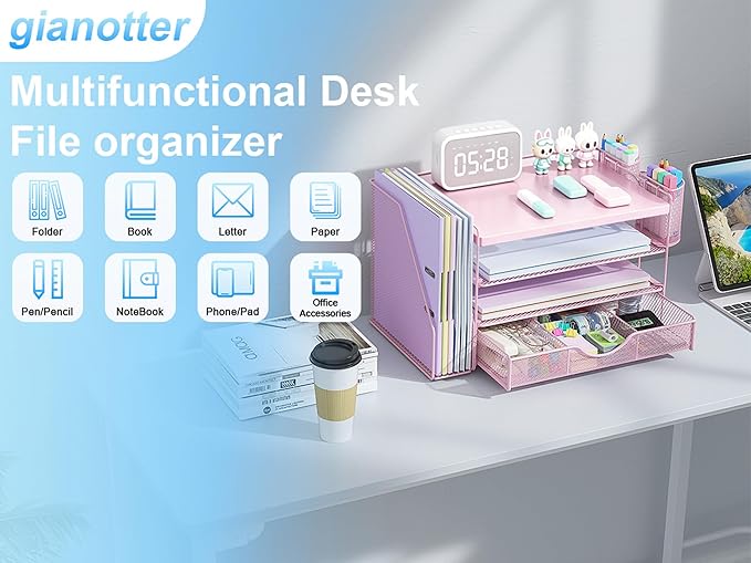 gianotter Wood Desk Organizers and Accessories with File Holder, 4-Tier Desk Accessories & Workspace Organizers with Drawer and 2 Pen Holder, Desk Reference Organizer (Pink, 4T with Metal Drawer)