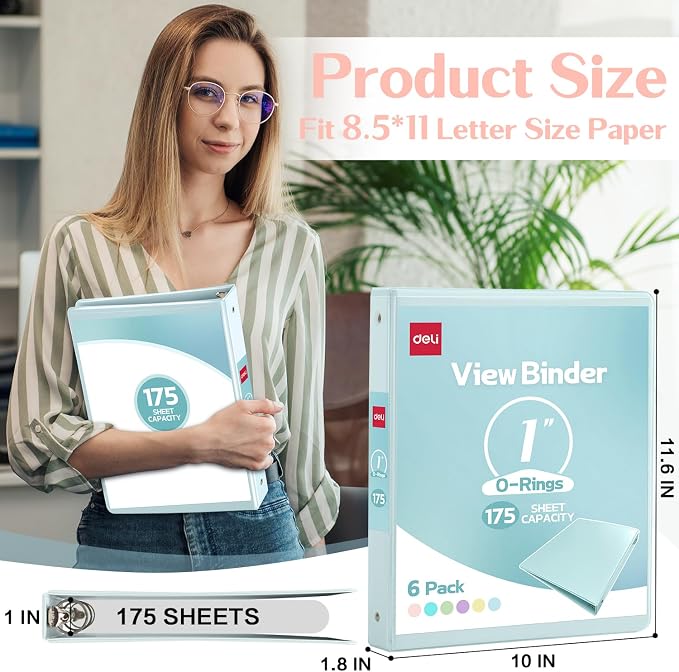 deli 1-inch 3 Ring Binder 6 Pack,11" x 8.5" US Letter Size | 1 inch Binders with 2 Interior Pockets,175 Sheets Capacity,Assorted 6 Pastel Colors
