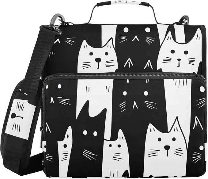 White Black Cats 3 Ring Binder Bag 1.5 inch Binder Organizer with Zipper Shoulder Strap 500 Sheet Documents Storage for School Office