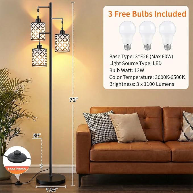 Dimmable Floor Lamp, Farmhouse Standing Lamp with Elegant Metal Cage, Industrial Tall Tree Floor Lamps for Living Room Bedroom Study Office with Remote & 3 x 1100LM 12W LED Bulbs, 72" Black