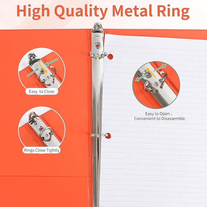 SUQJOY 0.5 Inch 3 Ring Binders with 2 Interior Pockets, 6 Pack Assorted Rainbow Colors, Durable 1/2 In Binders for US Letter Size 8.5 x 11 Inches Paper, Ideal for School, Office, and Home Organization