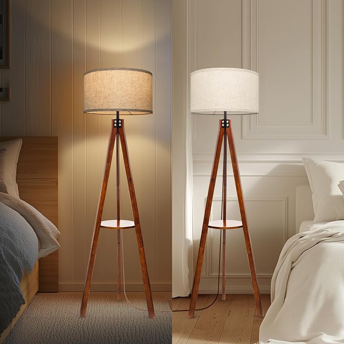 EOEYYOYB Floor Lamps with Shelf, Modern Standing Lamp with 3 Color Temperature Led Bulb, Tall Lamps with Foot Switch for Living Room Bedroom and Office, Walnut