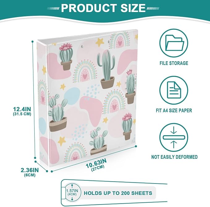 Western Cute Cactus 1.5 Inch Binders 3 Ring for Letter Size Holds 200 Sheets Notebook Binder with Clipboard for Women or Men 2 Pack