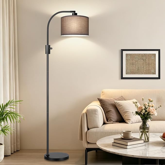 Nintiue Dimmable Black Floor Lamp, 1200 Lumens LED Edison Bulb Included, Arc Gold Floor Lamps for Living Room Modern Standing Lamp with Khaki Shade
