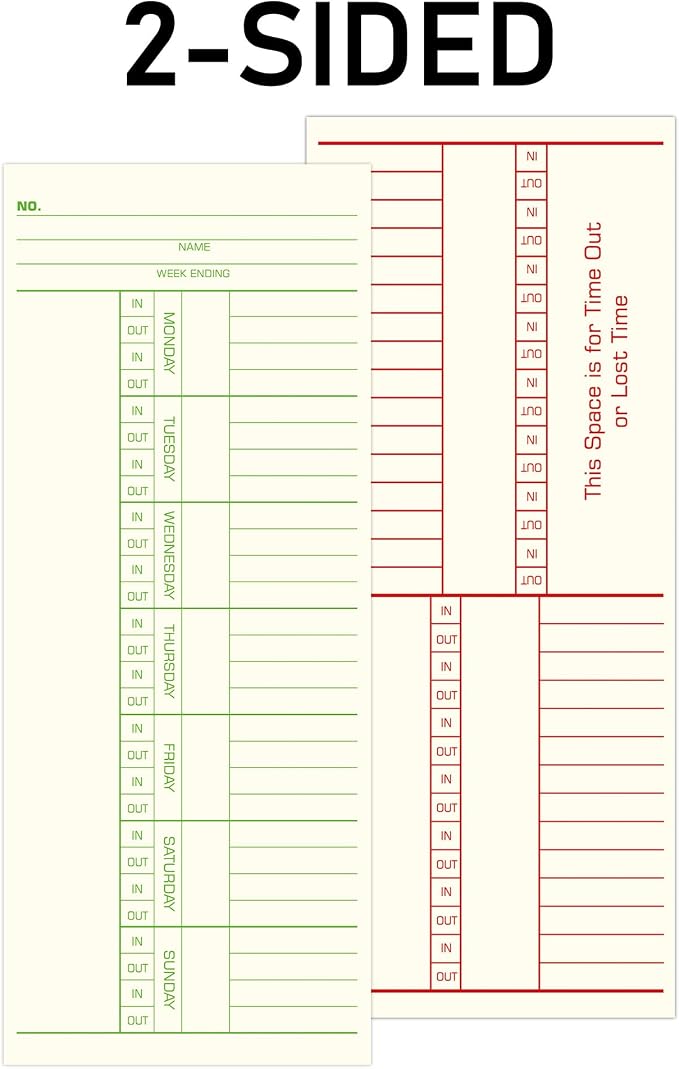 Weekly Time Cards 2-Sided, Named Days, 3-3/8" x 8-1/4", 500-Count, Time Cards for Employees, Green/Red Print, Timecards for Time Clocks