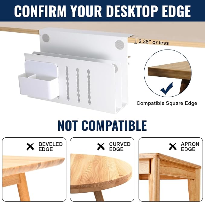 2 Tie Desk Side Storage, Under Desk Storage Organizer, White | osseph Desk Shelf, Standing Desk Accessories, Magnetic File Holder, No Drill Clamp to 0.5-2.38" Desks, 30 Lbs Carbon Steel