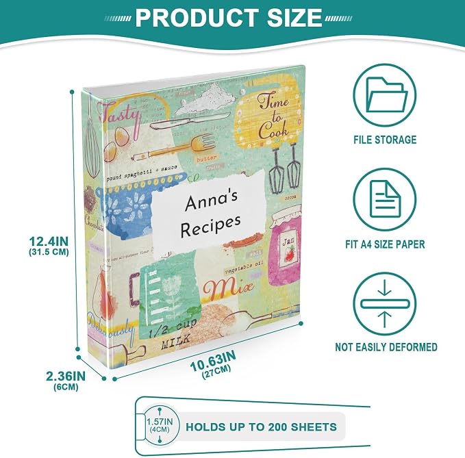 Personalized Recipe Binder 8.5x11 3 Ring Recipe Binder Customizable Cookbook Binders with Clipboard&Pockets Large Recipe Organizer for Kitchen, Recipes, Family-Hand Draw Cute Kitchen Supplies, 2 Pack