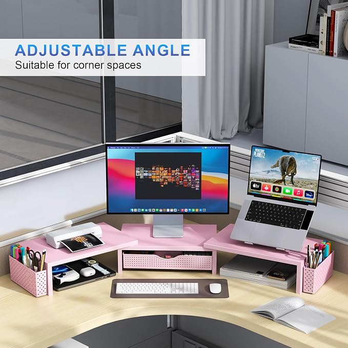 gianotter Dual Monitor Stand Riser With Drawer and 2 Pen Holders | Computer Monitor Stand Desk Organizer and Accessories Desk Shelf for Top of Desk (Pink)