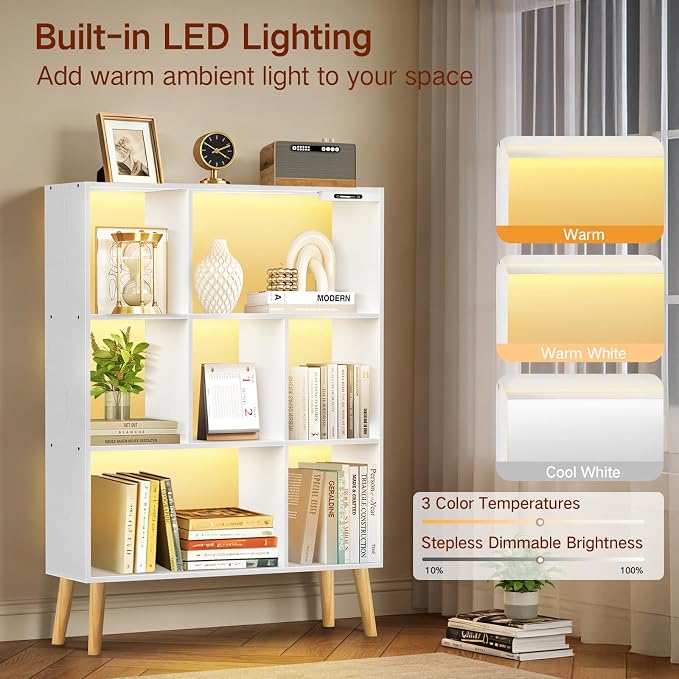 7-Cube Bookshelf with LED Lights, Touch & Remote Control, Freestanding Open Bookcase Storage Shelf, Dimmable Modern Wooden Display Organizer with Legs for Living Room, Bedroom, Office(White)