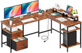 DUMOS 62 Inch L Shaped Computer Desk with Charging Station | Corner Gaming Desk with Dual Monitor Stands, Drawer & Adjustable Shelves for Home Office, Rustic Brown