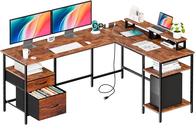 DUMOS 62 Inch L Shaped Computer Desk with Charging Station | Corner Gaming Desk with Dual Monitor Stands, Drawer & Adjustable Shelves for Home Office, Rustic Brown