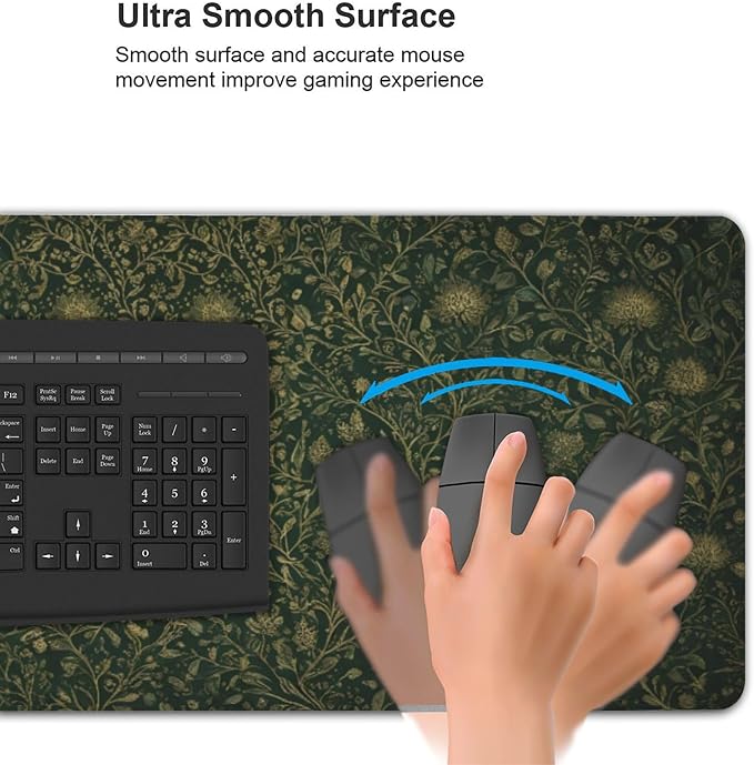 Dark Green Floral Desk Mat Gold Flowers XXL Large Desk Pad - Anti-Slip Stitched Edges Mouse Pad for Women, Office & Home, Extra Big Computer Keyboard Mat for Desktop, Aesthetic Office Decor