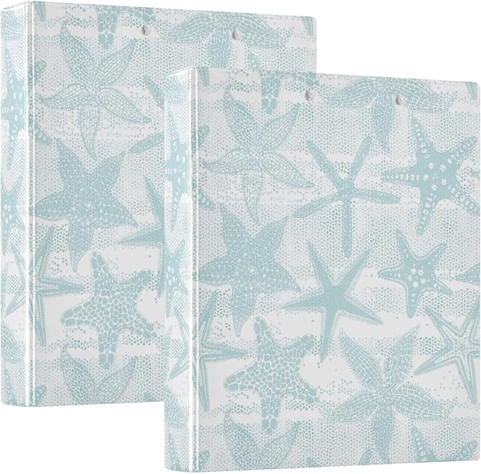 Hand Drawn Starfishes Aqua Blue Starfish Binder 3 Ring 1.5 Inch Binder with Clipboard&Pockets, Hardcover Binders Heavy Duty Large File Folder for Office School Supplies - Holds 200 Sheets,2 PC