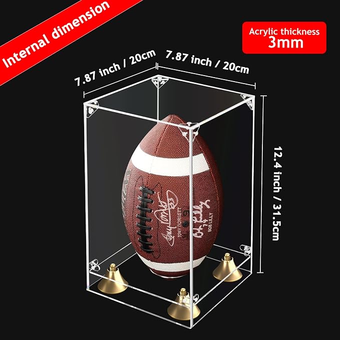 KOLIPI Football Display Case, Clear Acrylic Box 8x8x12.5 in | Football Case Display for Autographed Balls, 360° Clear View, Dustproof Protection, Stable and Stackable, Assembly Required
